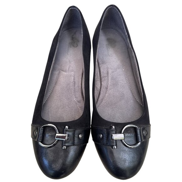 Black Faux Suede & Leather Ballet Flats With Silver Buckle Detail Womens Size 42 - Picture 1 of 7